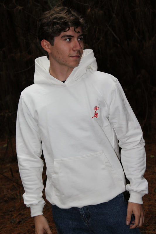 Hoodie Blanco After Hours – Bordado Rojo